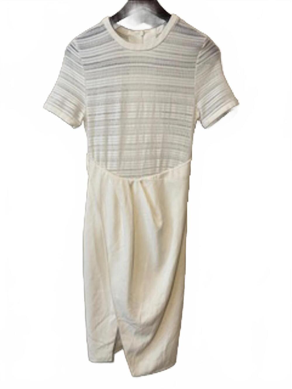 Finders Keepers My Mind Midi Dress White Textured Striped Short Sleeve Slit S